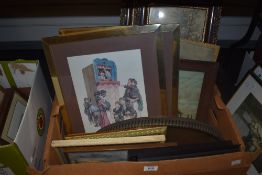 A carton of assorted pictures and prints including two Ron Embleton prints, Toffee Apples and