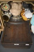 A vintage round barometer with visible inner workings, a brown jasper ware jug, a Marylin Munroe