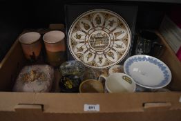 A boxed Wedgwood 'William Shakespeare' display plate and a similar mug, a prattware pot 'A Wedding