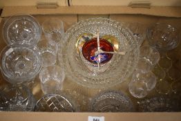 A crystal rose bowl, two large pressed glass dishes and a cake platter, a set of six cut glass