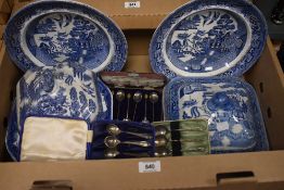 Four items of blue and white ware including dishes and tureens and three boxes of silver plated