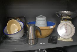 A selection of kitchen items including a large Mason Cash & Co Ltd, baking dish with blue