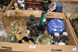 A Ringtons blue and white ceramic tea caddy, an art glass swan, four Border Fine Arts animal studies