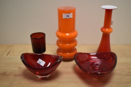 A Scandinavian orange cased glass vase of hooped form, measuring 21cm high, together with a