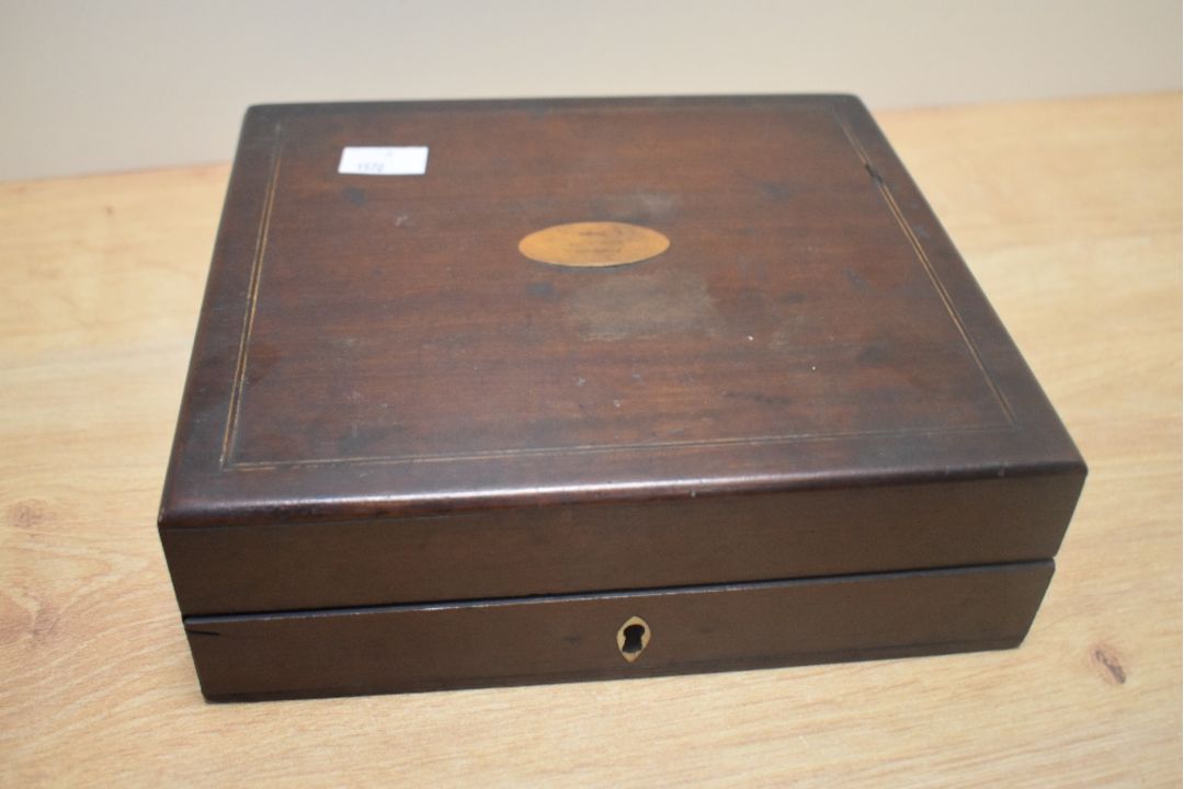 A John Dicas of Liverpool mahogany cased hydrometer, the ebony strung case with central roundel - Image 1 of 2