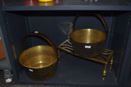 A 19th Century brass preserve pan with cast iron handle, measuring 36cm high, together with a