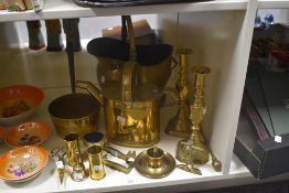 A 19th Century brass coal helmet, measuring 30cm high, together with an assorted collection of other