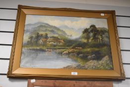 William Langley (c.1880-1920, British), oil on canvas, Watering cattle in a Scottish Highland