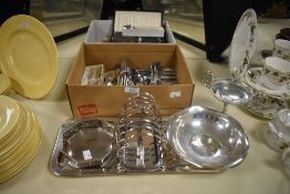 A Walker & Hall six division silver-plate toast rack, 1930's silver plate octagonal bowl with