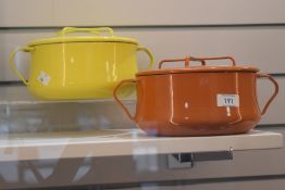 Two rare vintage Dansk designs France IHQ enamelled cookware casserole dishes, in vibrant burnt