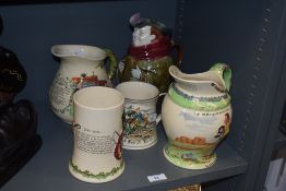 A Victorian Staffordshire pottery 'Auld Lang Syne' musical jug, measuring 18cm high, together with a