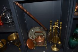 A Victorian copper and brass fireside kettle, measuring 30cm high, together with a selection of