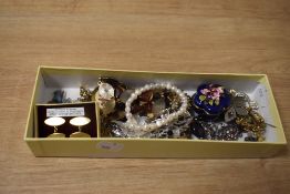 An assortment of costume jewellery, including rolled gold cufflinks, brooches, agate set examples