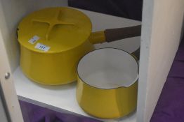 A large rare vintage Dansk designs France IHQ enamelled cookware sauce pan in vibrant yellow