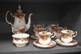 A Royal Albert six setting coffee set in the Old Country Roses pattern, comprising coffee pot,
