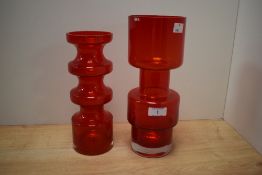A 1970s Riihimaki Finish red glass vase, of hooped form and measuring 28cm high, together with