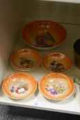 A 20th Century Czechoslovakian orange lustre glazed dessert set, stamped 'Victoria' to the underside