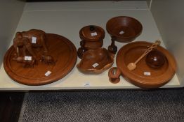 A selection of modern treen and carved wooden items, to include three carved elephant studies,