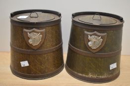 A pair of early 20th Century J. & J. Coleman mustard tin barrels, lithographed in a coopered
