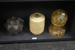 An early 20th Century Chameleon Ware lamp base with two moulded glass light shades