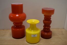 A mid-20th Century Scandinavian cased orange glass vase of hooped design, measuring 24cm high,
