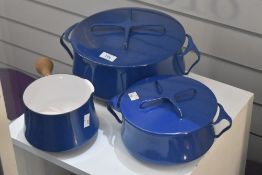 A large rare vintage Dansk designs France IHQ enamelled cookware casserole dishes in dark blue