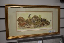 Contemporary School, watercolour, A still life arrangement depicting funghi, snails, and mouse,
