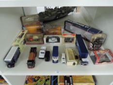 A shelf of modern die-casts including Corgi CC12510 Atkinson Borderer Tautliner, W H Bowker Ltd with