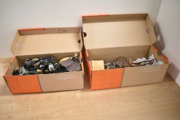 Two boxes of plastic figures and accessories including Playmobil, China Military etc