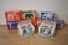 Nine Britains Animals and Models, 1310 African Elephant x5, 1311 Indian Elephant x2, 7852 Nurse