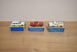 Three Matchbox 1969 Die-casts, No 55 Police Car, in white with white interior and rare blue