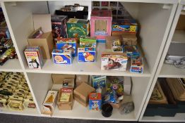 Two shelves of reproduction Tin Plate & Clockwork Toys including Hen Laying Eggs x2, Flapping Goose,