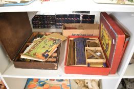 A shelf of vintage Meccano including instructions for No 6 Outfit Set with original box lid, many