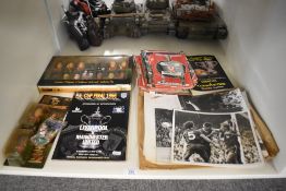 A shelf of Sporting Memorabilia and Collectables including 1983 Newspaper black & white