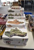 Fourteen Tamiya plastic Military Kits, 1:35 scale M3 Lee Tank, SAS Land Rover Pink Panther, Cromwell