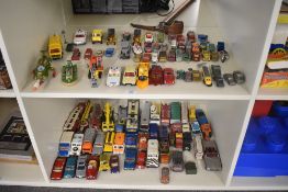 Two shelves of playworn Die-casts including Dinky, Corgi, Matchbox etc, Dinky 351 UFO Interceptor