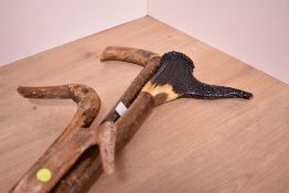 Four assorted hazel walking sticks of varying lengths 87cm to 126cm two, having antler handles