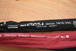 Three fishing rods A DAM 3pc Carbo Mesh Match 3.9m, a Shakespeare Europa 3pc 3.3m and a John