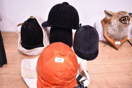 Five riding hats in varying sizes and a back protector one hat marked harry hall