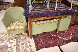 A selection of vintage woven fibre bedroom furniture items, in green