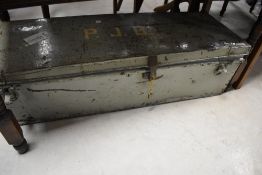 A vintage tin travel trunk, monogram PJB, width approx. 112cm