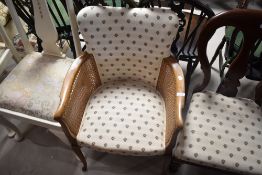 A vintage stained frame tub chair with bergere sides