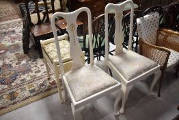 Two painted Queen Anne style dining chairs and a painted piano stool