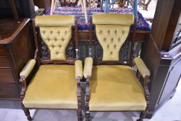 A pair of 19th century mahogany framed salon easy armchairs