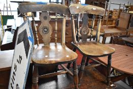 Two late 19th/20th century kitchen chairs, with shaped splats and turned spindles, seat height 45cm