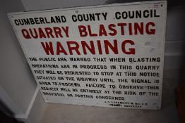 An interesting cast-metal Cumberland County Council Quarry Blasting WARNING sign, painted 81cm x