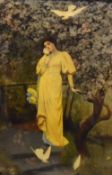 A late Victorian 'crystoleum' coloured Albumen print, an attractive young woman in yellow dress lost