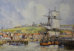 After George Weatherill (1810-1890, British), coloured print, 'View Across Whitby Harbour',