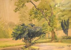 Florence R. Walker (20th Century), watercolour, 'Sawley Village Orchard' - Trees beside a garden