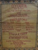 An interesting early Victorian needlework sampler, entitled O'Youth fear the lord... Worked bt